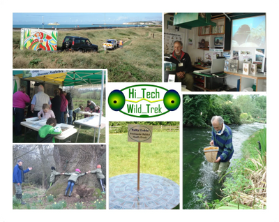 Collage of outdoor and educational activities with nature and technology themes.