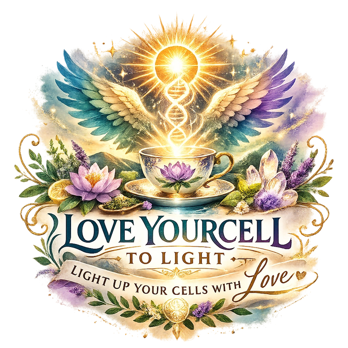 A glowing DNA strand rises from a teacup with wings and flowers, symbolizing self-love and light.