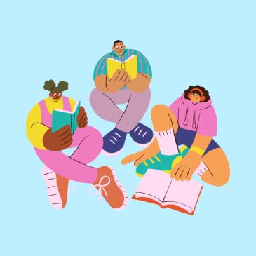 Three diverse people sitting and reading books against a blue background.