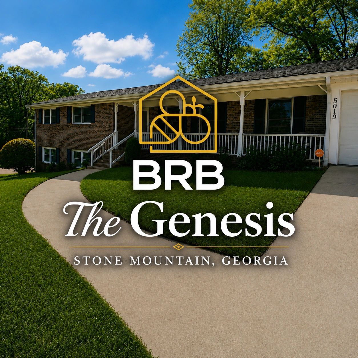 A house with a logo and text overlay about BRB The Genesis in Stone Mountain, Georgia.