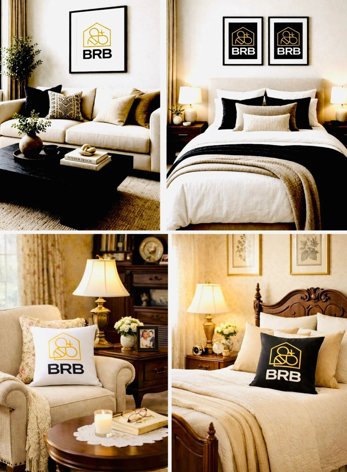 Cozy living and bedroom spaces with BRB-themed decor and warm lighting.