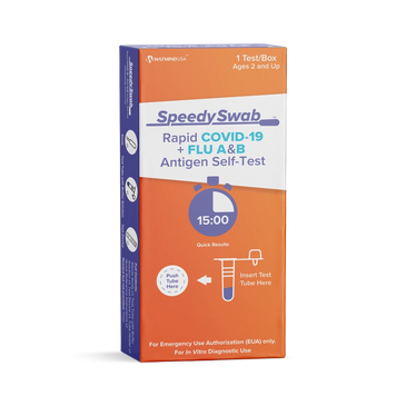 SpeedySwab COVID-19 and Flu A&B rapid antigen self-test with 15-minute results.