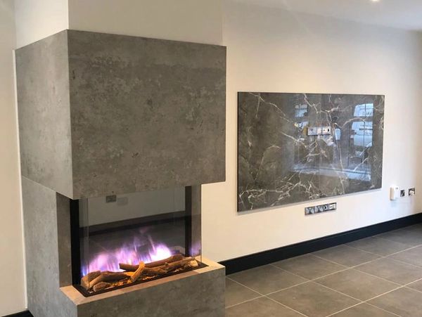 A decorative wall fireplace