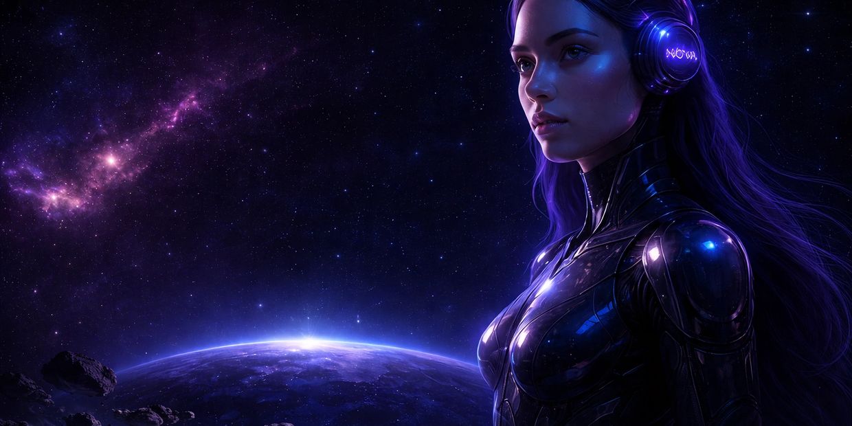 Futuristic woman with glowing headphones gazing at a cosmic scene.
