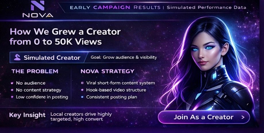 NOVA campaign shows growth from 0 to 50K views with targeted content strategy.