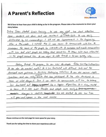A parent's reflection on child's progress in brain training program.