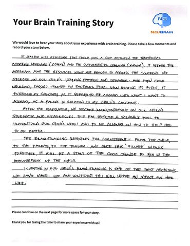 Handwritten testimonial about brain training experience.