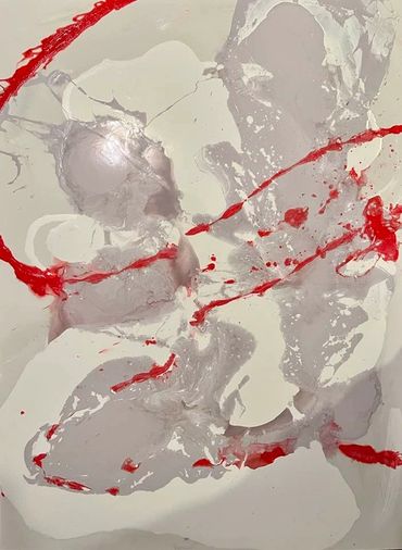 Abstract painting with red splashes and soft grayish-white shapes on a light background.