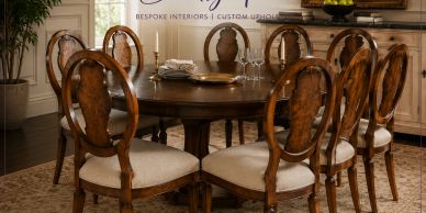 Elegant wooden dining table with upholstered chairs.