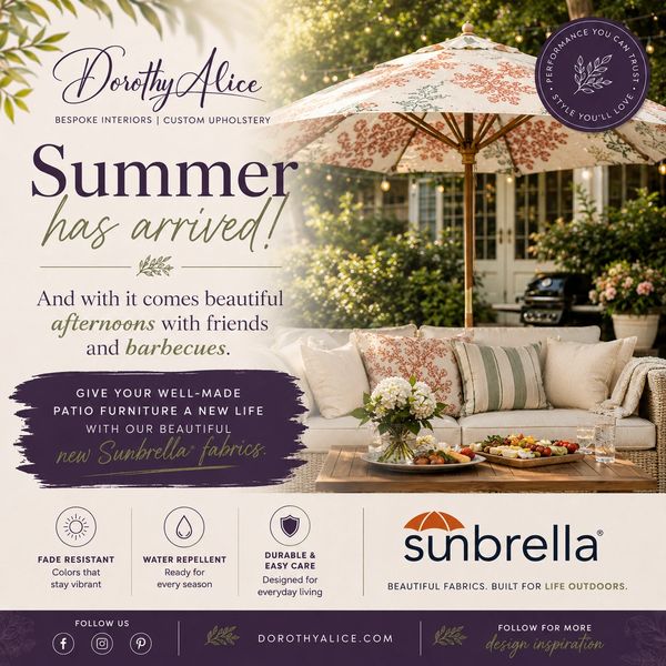 Elegant outdoor patio setup showcasing Sunbrella fabrics for summer relaxation and barbecues.