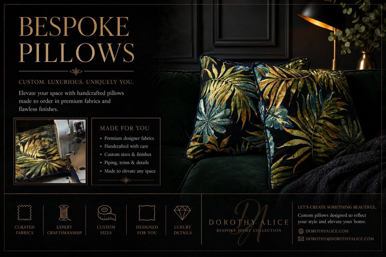 Luxury editorial advertisement for the Dorothy Alice Home Collection featuring bespoke pillows