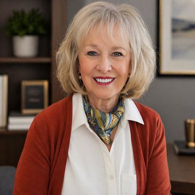 Smiling elderly woman with blonde hair wearing a scarf and cardigan.