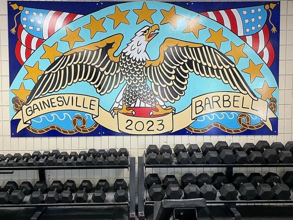 Mural, eagle, American flag, traditional American tattoo style, powerlifting Gainesville