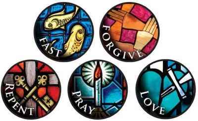 Colorful stained glass circles with spiritual words and symbols.