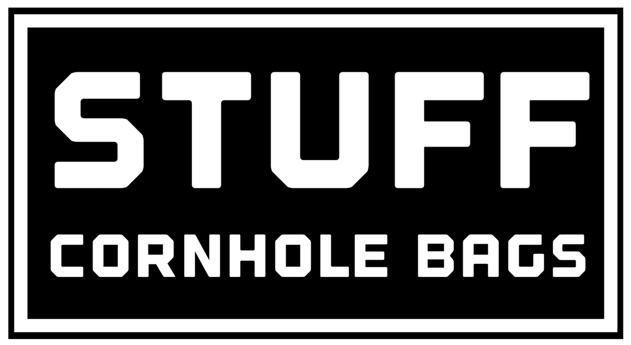 STUFF Cornhole Bags, Black background. White trim.