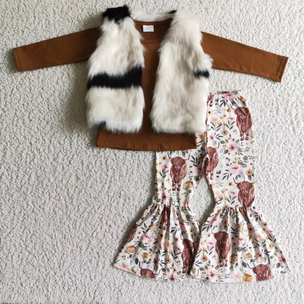 Children's outfit with a brown long-sleeve top, faux fur vest, and floral bell-bottom pants.