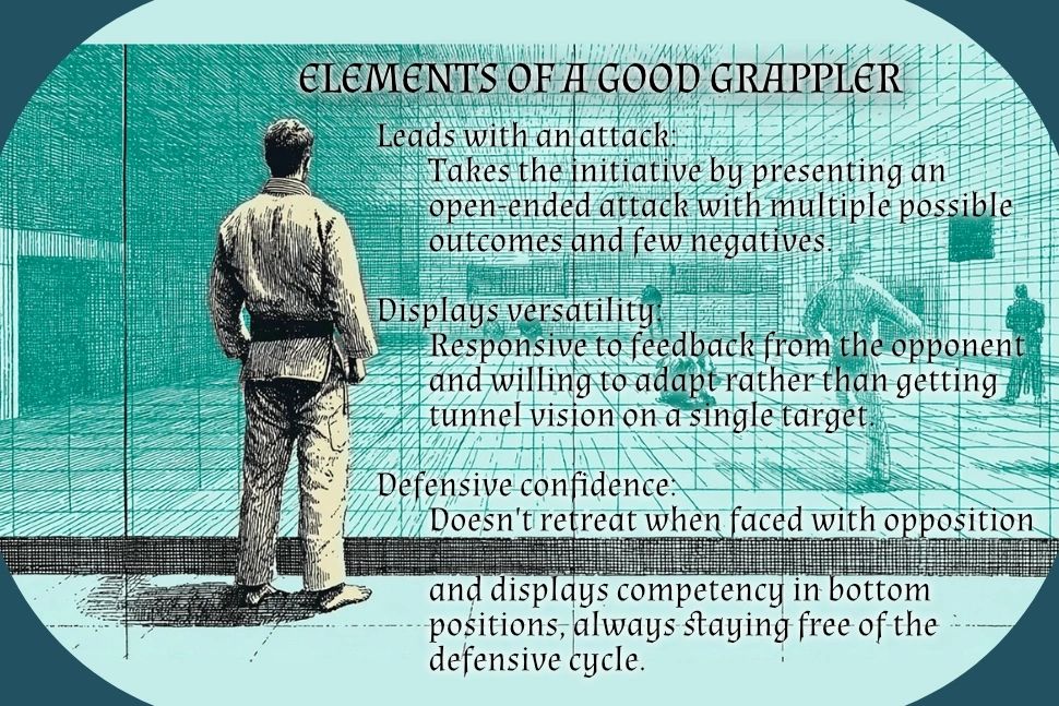 Text on elements of a good grappler with illustration of a person in a martial arts uniform.