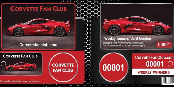A promotional Corvette Fan Club card featuring a red sports car and weekly winner number 00001.