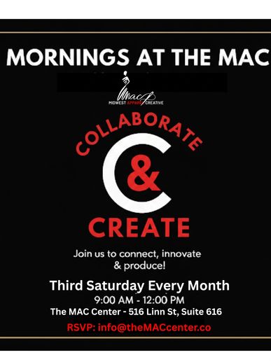 Event flyer for Mornings at the MAC: Collaborate &amp; Create every third Saturday.