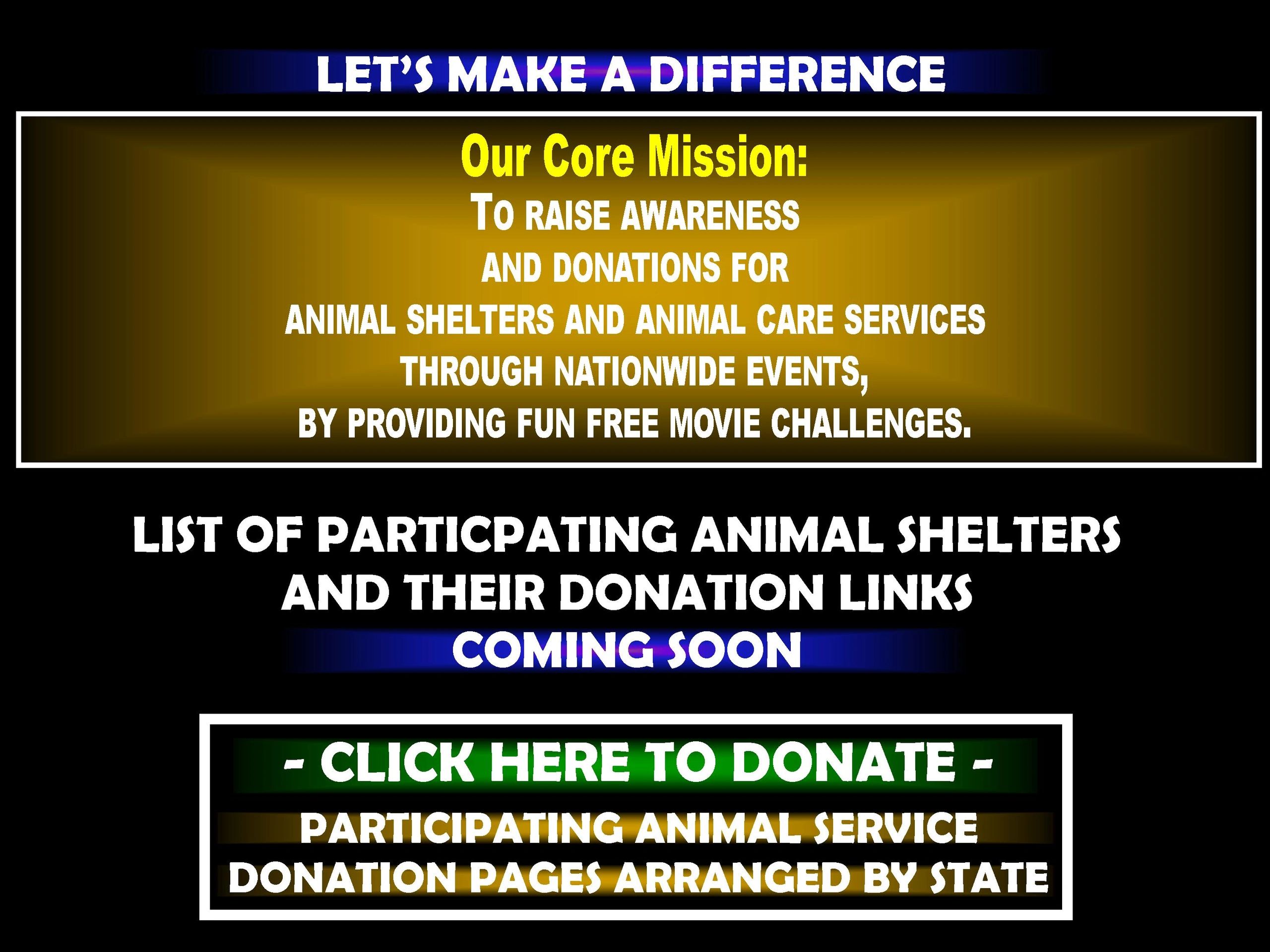 Mission to raise awareness and donations for animal shelters through fun movie challenges.