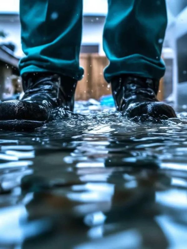 Person wearing boots standing in a shallow puddle of water indoors.