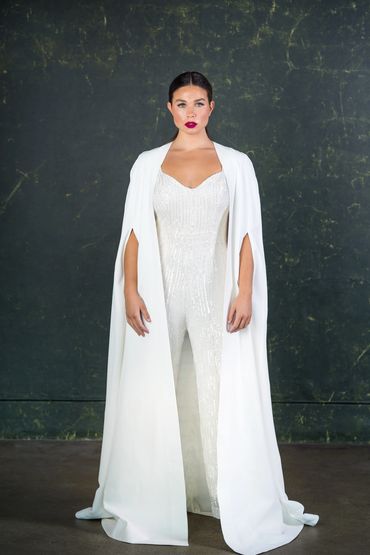 Luxury bridal jumpsuit made with hand embellished glass beads and sparkly sequins. Bien Jumpsuit