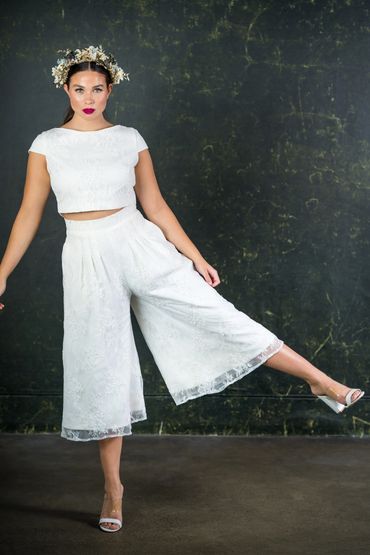 relaxed wedding separates. lace cap sleeve top with cropped wide leg culottes.