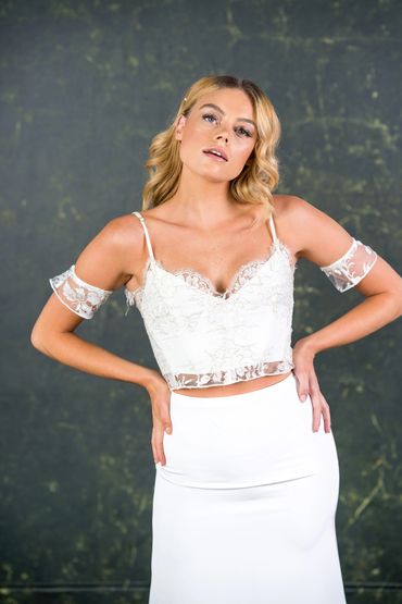 strappy lace bridal top with low neckline and scalloped edge detailing.