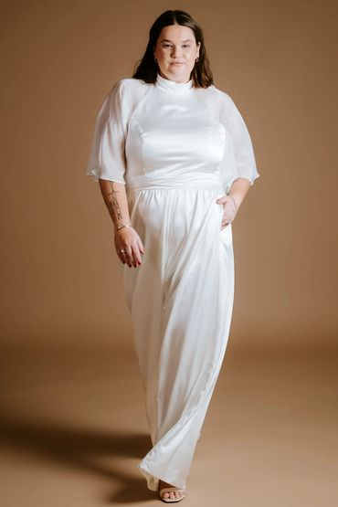 Bridal silk satin jumpsuit with floaty chiffon sleeves and palazzo trousers. Dallaway Jumpsuit