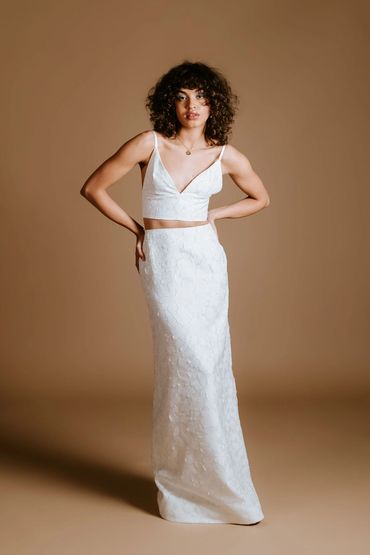 Bridal co-ord, sleek column skirt made with floral embossed sheer organza. Harrison Skirt