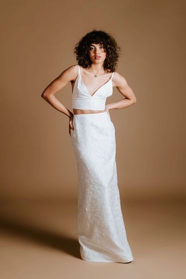 Sleek and chic bridal outfits for the modern bride. Wedding bralette with matching column skirt