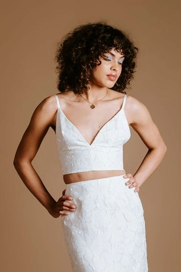 Wedding bralette in ivory made with embossed floral organza with matching pencil skirt. Yasmin Top