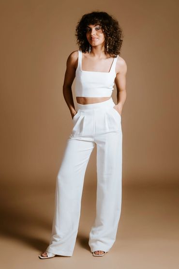 Chic wedding co-ord, high waisted wide leg trousers in ivory. House of Ollichon Hobden Trousers