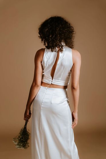 Comfy chic bridal separates for the modern bride. Open back detail top with a matching a-line skirt