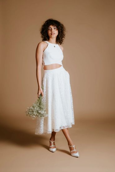 Bridal co-ord, ivory silk crop top with an illusion lace back and matching a-line midi skirt.