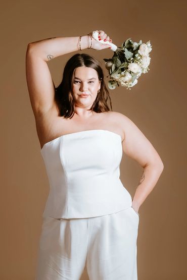 Strapless bustier top for a clean, classic, bridal look.
Town hall wedding outfits.