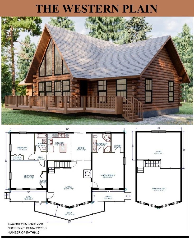 Rustic Western Plain log cabin with detailed floor plans and spacious decks.