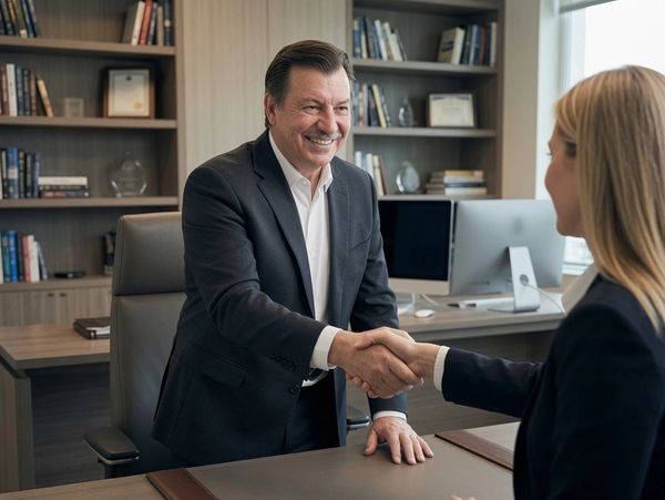 Two professionals shaking hands in an office setting with smiles.