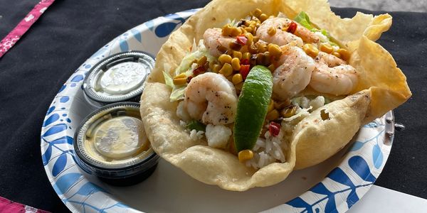 Tia's Taco Bowl topped with Blackened Shrimp