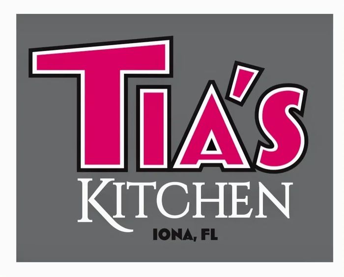 Tia's Font Logo in Pink on gray background with white border