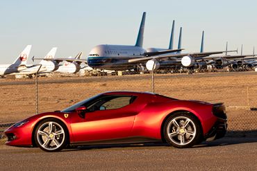 Ferrari 296 GTB parked outside the boneyard at the Mojave Air and Space Port. 