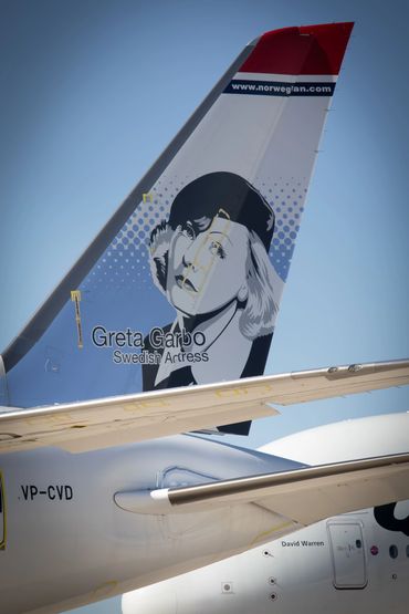 Norwegian Airline Boeing 787 Dreamliner with Greta Garbo on the tail fin. In Storage at Southern Cal