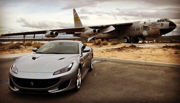 Ferrari Portofino & B52 test aircraft Balls 8 on display at the north gate of Edwards AFB. 