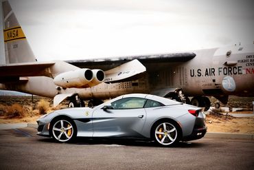 Ferrari Portofino with Boeing test aircraft Balls 0008  at the North Gate of Edwards AFB. 