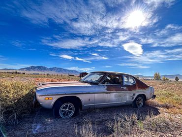 Ford Capri abandoned in F idle in the small hamlet of Rachel Nevada. 