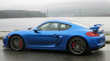 Porsche GT4 with the Lions Gate Bridge of Vancouver in the background. 