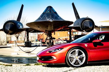 Ferrari 296 GTB parked in front of Lockheed’s most famous spy plane the SR71 Blackbird. Palmdale.