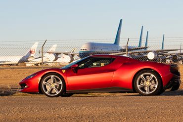 Ferrari 296 GTB outside Mojave Air and Space Port. Retired Airbus A380’s of Eastern Airlines in the 