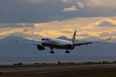 British Airways Airbus A350 landing at Vancouver International Airport. 