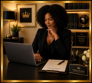 Professional woman working on laptop in elegant office.